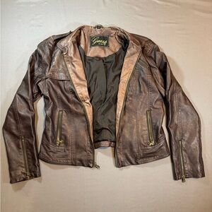 Guess Brown Moto Jacket Size L Biker Style Zip Pocket Jacket
